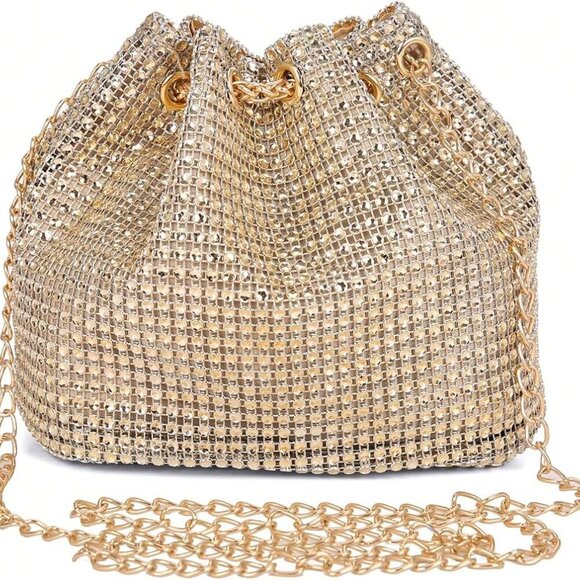 Women's Rhinestone PVC Crossbody Purse Mini Drawstring Bucket Bag for Evening - Picture 2 of 6